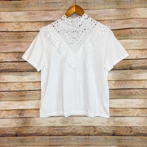 Maje Talente Broderie-Anglaise High-Neck Eyelet Cotton T-Shirt Size M