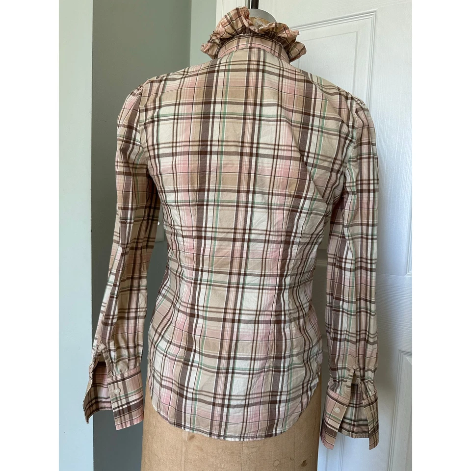 Lauren ralph lauren plaid ruffle front button down shirt peach cream S Petite  - Image 4 of 4