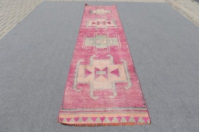 Turkish Vintage Rug, 3x13 ft Runner Rug, Red Pink Southwestern Rug