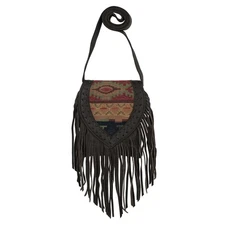 American West Womens Fringed Cowgirl Brown/Woven Tapestry Leather Crossbody Bag