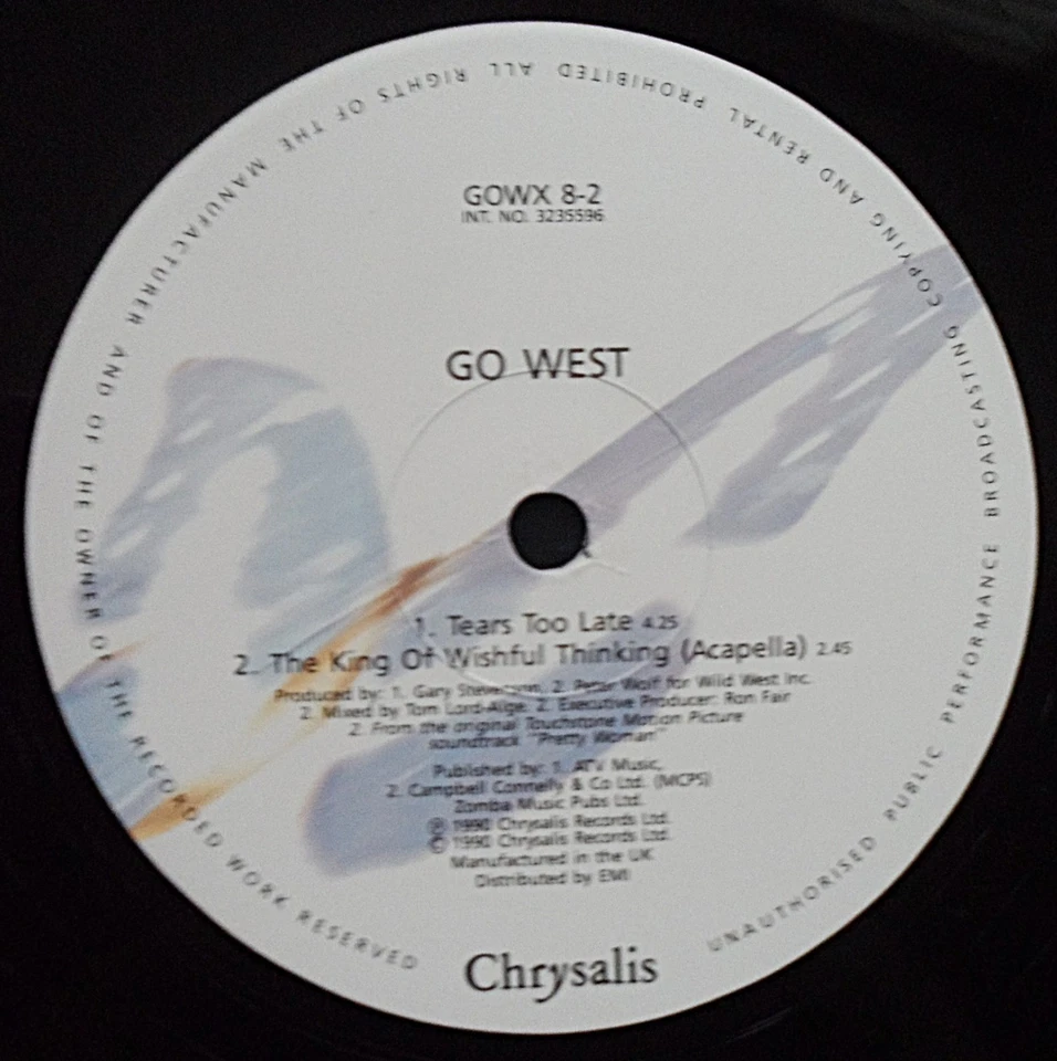 GO WEST - THE KING OF WISHFUL THINKING 12" VINYL 1990 CHRYSALIS GOWX8 *VG/G+* - Image 4 of 4