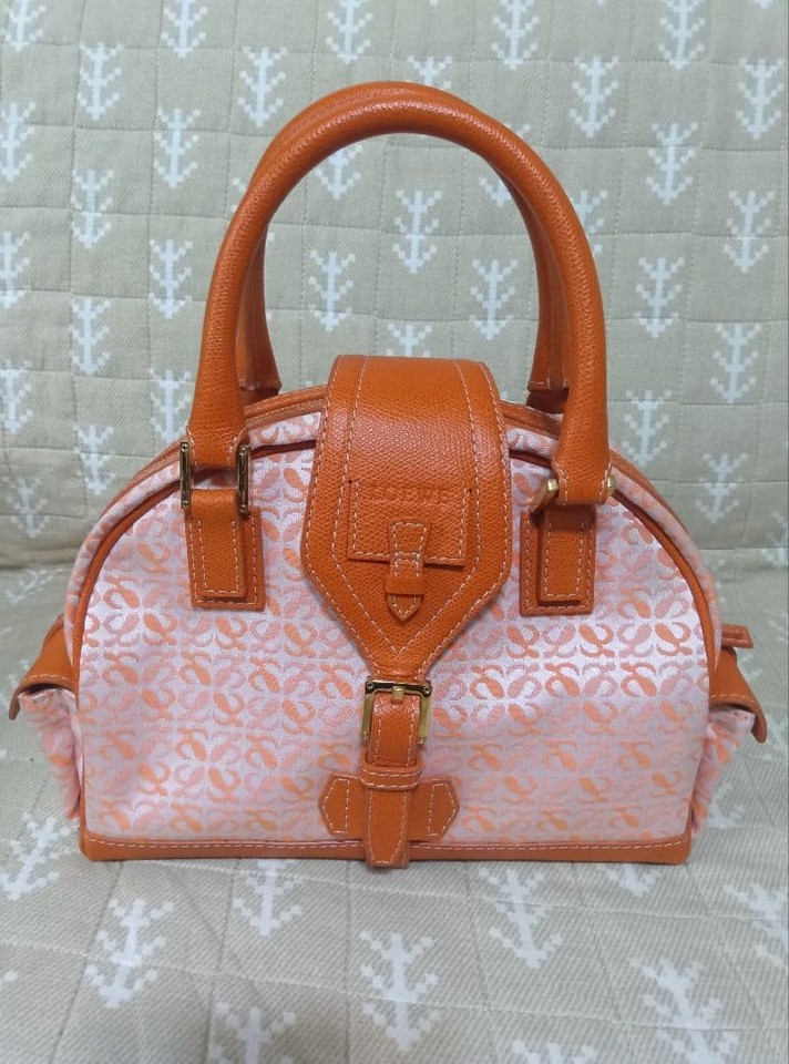 LOEWE Small Bowling Bag Canvas Leather Orange Authentic Handbag Casual Formal