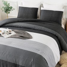 Full Size Comforter Set,3 Pieces Black White Gray Patchwork Striped