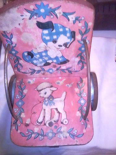 Gong Bell Wood Child Chair Pull Toy, Bear, Dog, Lamb, Litho Graphics 1920s, Rare