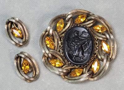 Vintage Signed LA ROCO Rhinestone & Black CAMEO Pin BROOCH & EARRINGS SET
