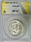 1950 Silver Ben Franklin Half Dollar, ANACS MS-62, Blast White!