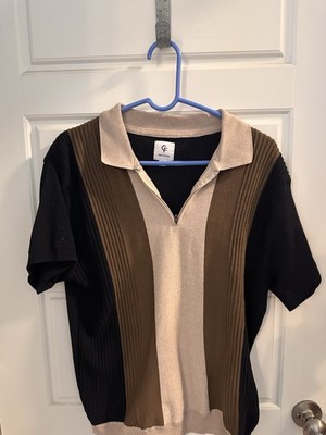 Craft &Flow Retro Inspired Color Block Knit 1/4 Zip Shirt Black, Brown Cream M