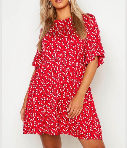 Boohoo Ditsy Short Ruffled Sleeve Flared Crew Neck Red Floral Mini Dress Sz 14