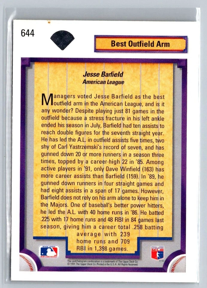 1992 Upper Deck - #644 Jesse Barfield - Image 2 of 2
