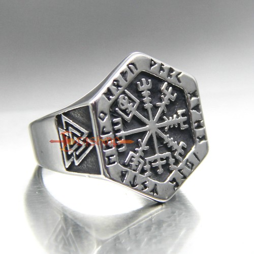 Men Stainless Steel Viking Ring Valknut Vegvisir Pirate Compass Norse Odin Runic - Picture 2 of 5