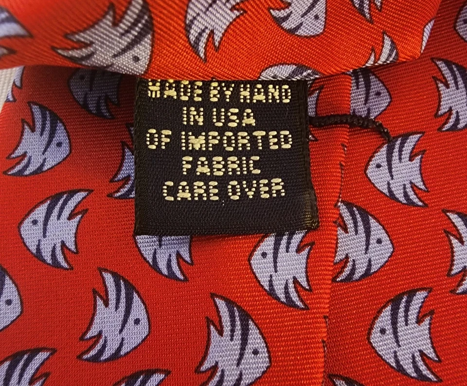 Corbata de seda J.CREW ROJA con pez océano azul hecha a mano en EE. UU. Preppy Foto 4 de 4