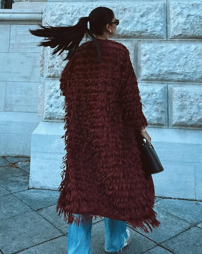 ZARA NEW WOMAN COAT WITH FRINGING MAROON SIZE S REF. 3920/097 - Image 2 of 4