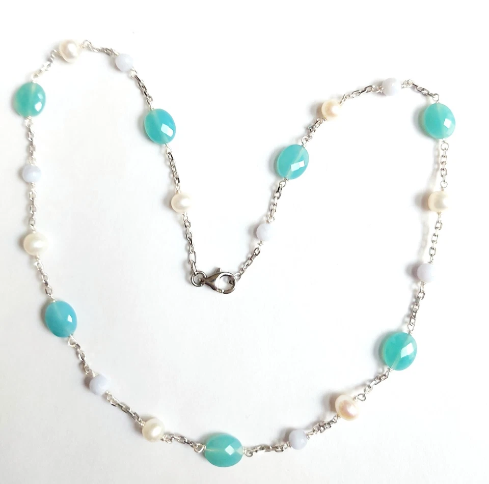collana in argento 925 con calcedonio, perle di acqua dolce e avventurina ovale - Immagine 3 di 4