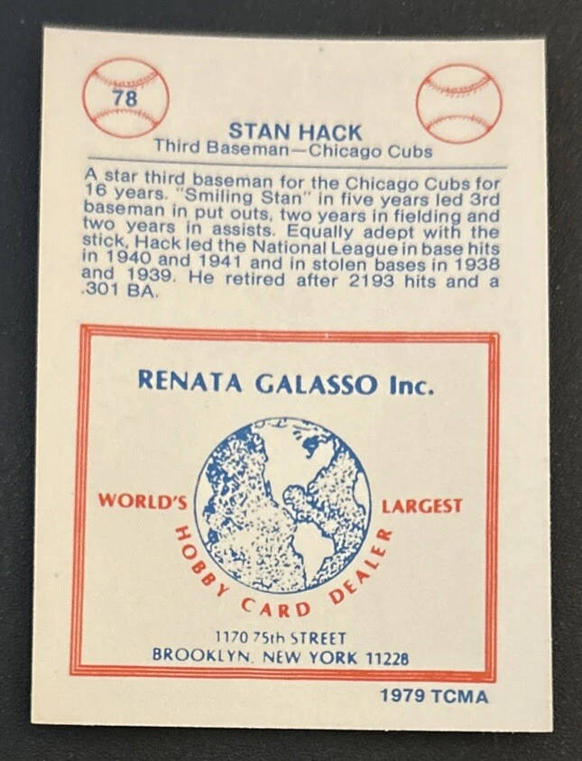 1979 TCMA Renata Galasso Stan Hack Baseball Card #78 Cubs 3B VG O/C - Image 2 of 2