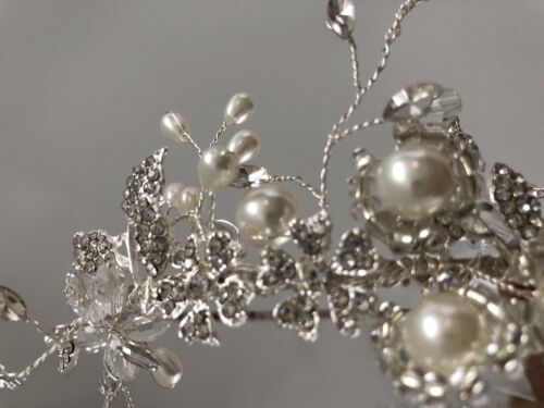 Women Prom dance headpiece Bride wedding Pearl Silver Crystal hair band Headband - Picture 4 of 11