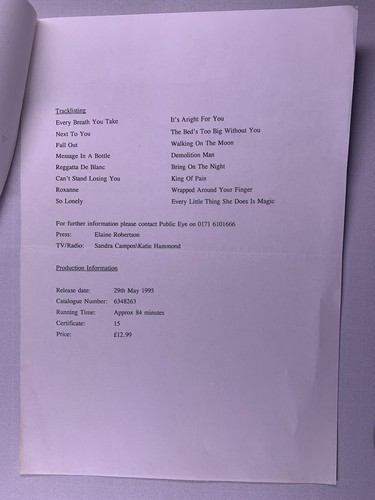 The Police Sting Press Release Original VVL A History Of The Police Live 1995 - Picture 2 of 3