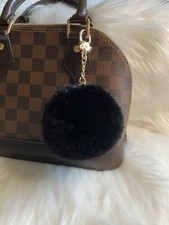 Black Pom Pom Keychain Purse Charm Car Key Charm Fob Fluffy Soft Gold Clasp