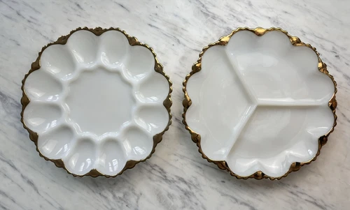 VTG MCM Anchor Hocking Gold Edge Milk Glass Divided Relish Plate & Egg Tray Pair