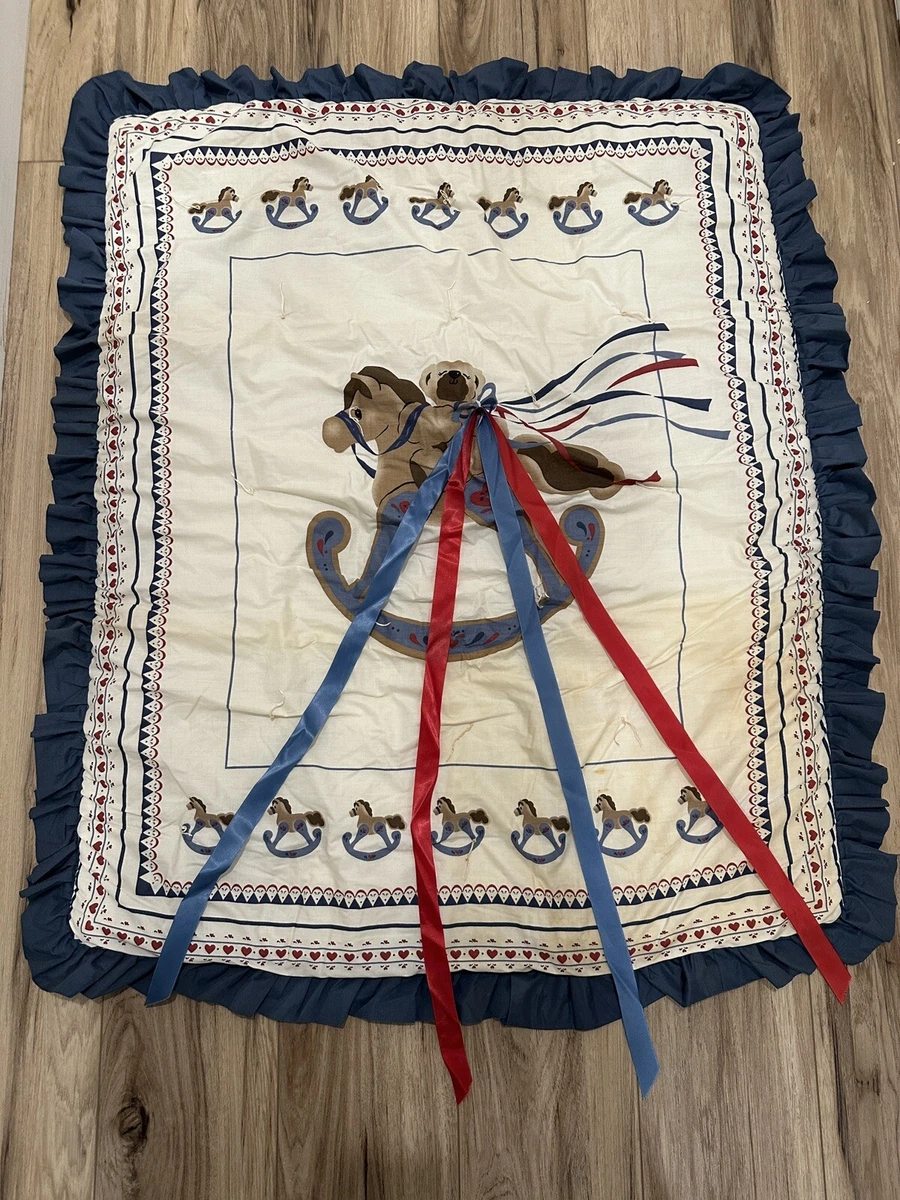 Vintage Blue Red Rocking Horse Baby Blanket Ruffled Edges Ribbons Handmade