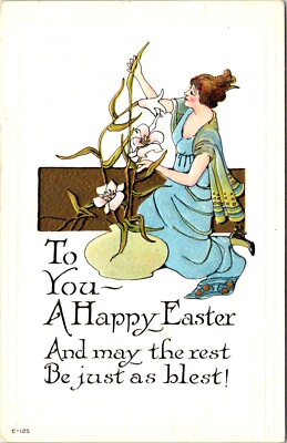 Postcard Easter Greetings Beautiful Woman Lily Blest Embossed Holiday B155
