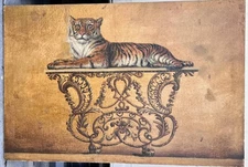 Large Oil Painting Still Life Portrait Art Wild Tiger Animal Sitting on a Table
