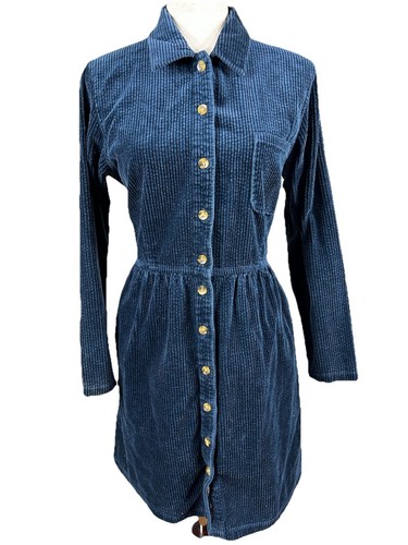 Vintage L.L. Bean Blue Corduroy Button Up Midi Shirt Dress Size 10 Academia - Picture 1 of 3