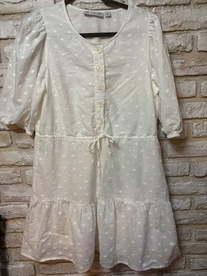 NY and Co Dress 100% Cotton White Puff Sleeve tie waist Dress SZ medium