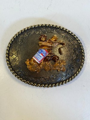 VTG 1978 Budweiser Rodeo Cowboy Belt Buckle 3D Brass Raintree Harley Davidson