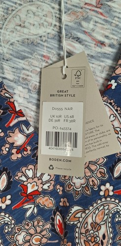 Boden Floral Paisley Print Blue V-Neck Jersey Mini / Knee Summer Dress, UK 10 R - Picture 3 of 7