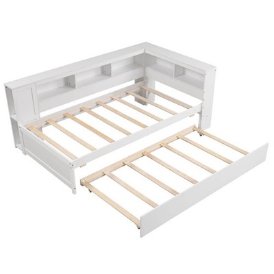 Twin Size Daybed with Trundle Bedside Shelves Reversible Bookcase Headboard