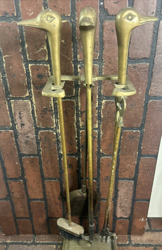 Brass Duck Head Fireplace Tool Set Vintage 1970s Mallard 4 Tools + Stand MCM