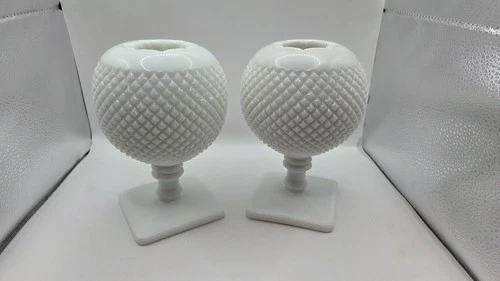 Westmoreland English Hobnail Ivy Ball Pedestal Vase Pair White Milk Glass 7" Vtg