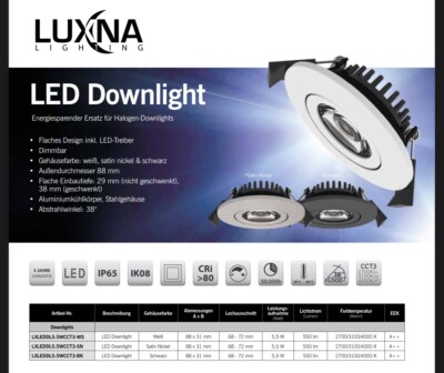 Luxna Lighting hochwertige LED Downlights            Dimmbar  von 4000-2700K