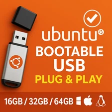 Ubuntu Bootable USB Flash Drive 16GB 32GB 64GB Plug & Play - Windows Mac Linux C