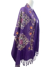 Pashmina Shawl WrapPurple Floral Embroidered Wide Poncho Cape Cardigan 64x27