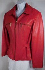 Tibor Leathers Women's Red Leather Gold Tone Hardware Bomber Jacket Sz Xs