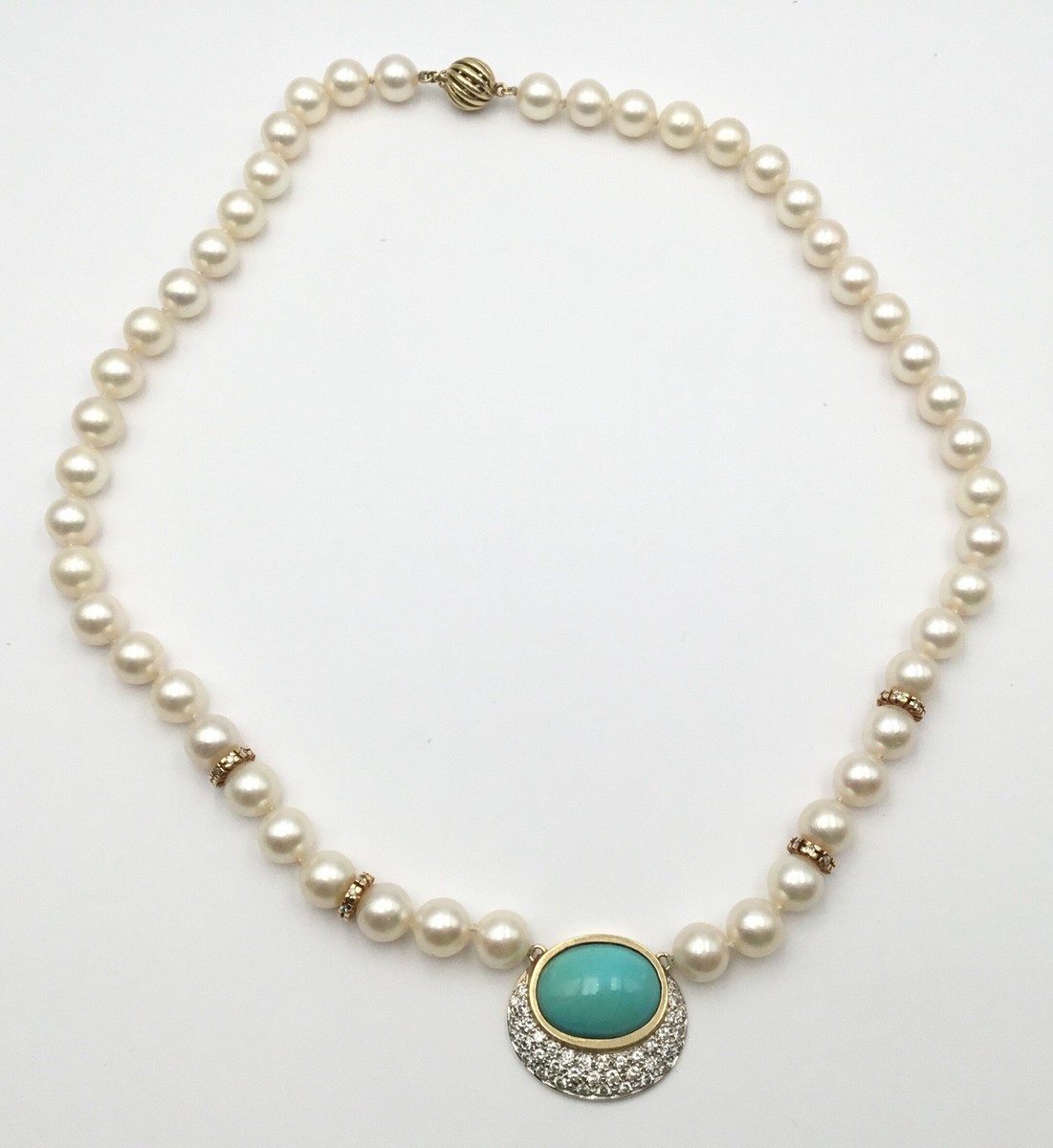 Ladies 14K Yellow Gold Diamond Turquoise Pearl Necklace Estate