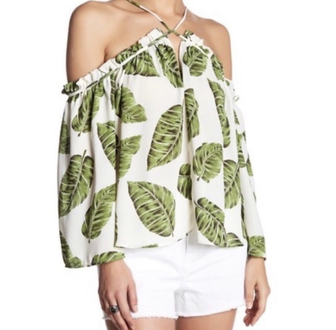 Harlowe And Graham Womens Top Medium Off The Shoulder Green Leaf Tropical Summer