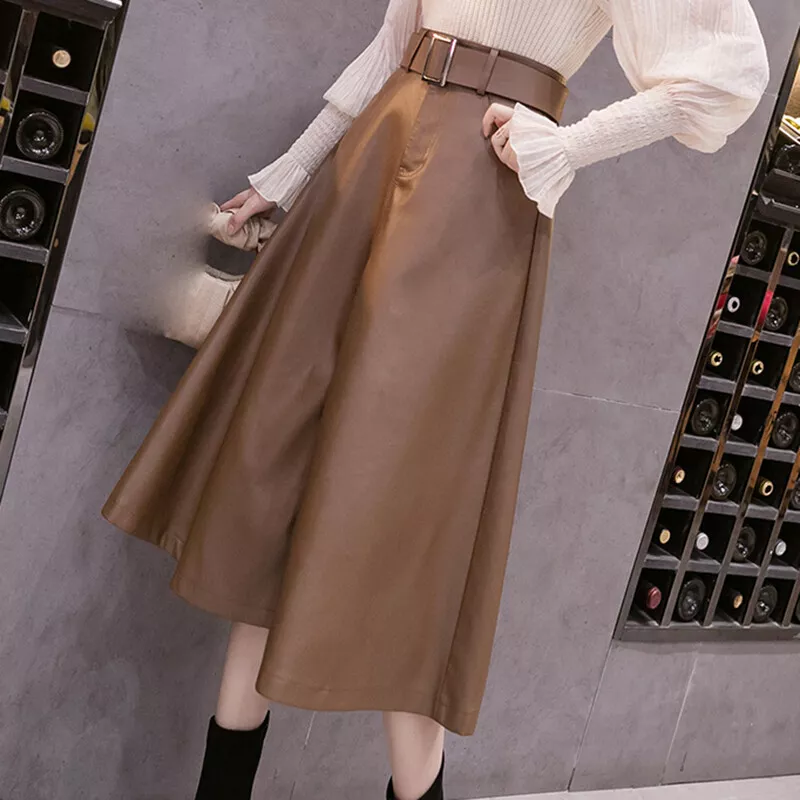 Women Faux Leather Midi Skirt A Line belted solid Casual Business