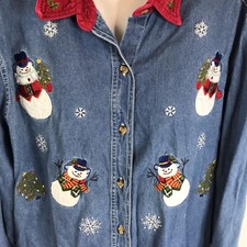 Vintage Bobbie Brooks Embellished Snowman Denim Button Front Shirt Size L