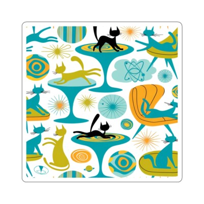 Sticker Midcentury Modern Atomic Cat Whimsical Retro Futuristic 2x2 3x3 4x4 6x6