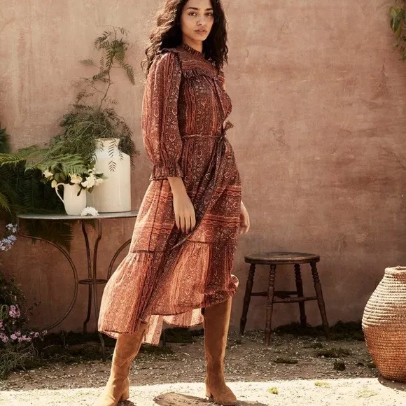 Printed ruffle deals bib midi dress