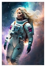 GORGEOUS LADY ASTRONAUT FLOATING THROUGH SPACE NEBULA 4X6 WALL ART AI PHOTO