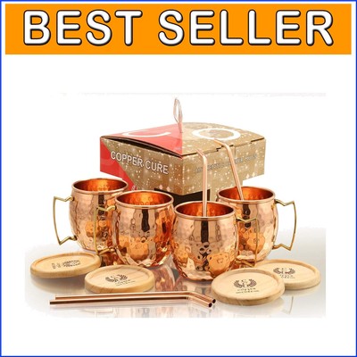 16 Oz Copper Mugs Gift Set - Handcrafted with Straws & Wooden Coasters Included