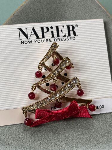 Nachlass Napier klar Strass goldton Zickzack mit roten Perlen Dangles & Band Chri - Bild 1 von 7