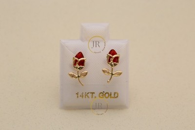 14K Solid Yellow Gold Red Tulip Stud Earrings   Floral Elegance & Passion.