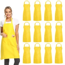 12 Pack Yellow Plain Bib Aprons, 2 Pockets, Unisex, Bulk, Cooking, Crafting
