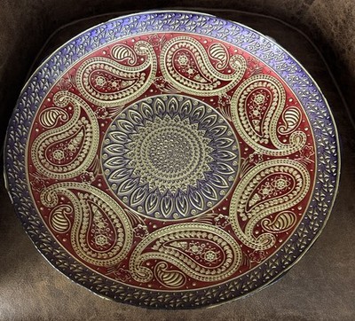Large 16  Handcrafted Red Blue Gold Paisley Design Display Bowl Christmas EC