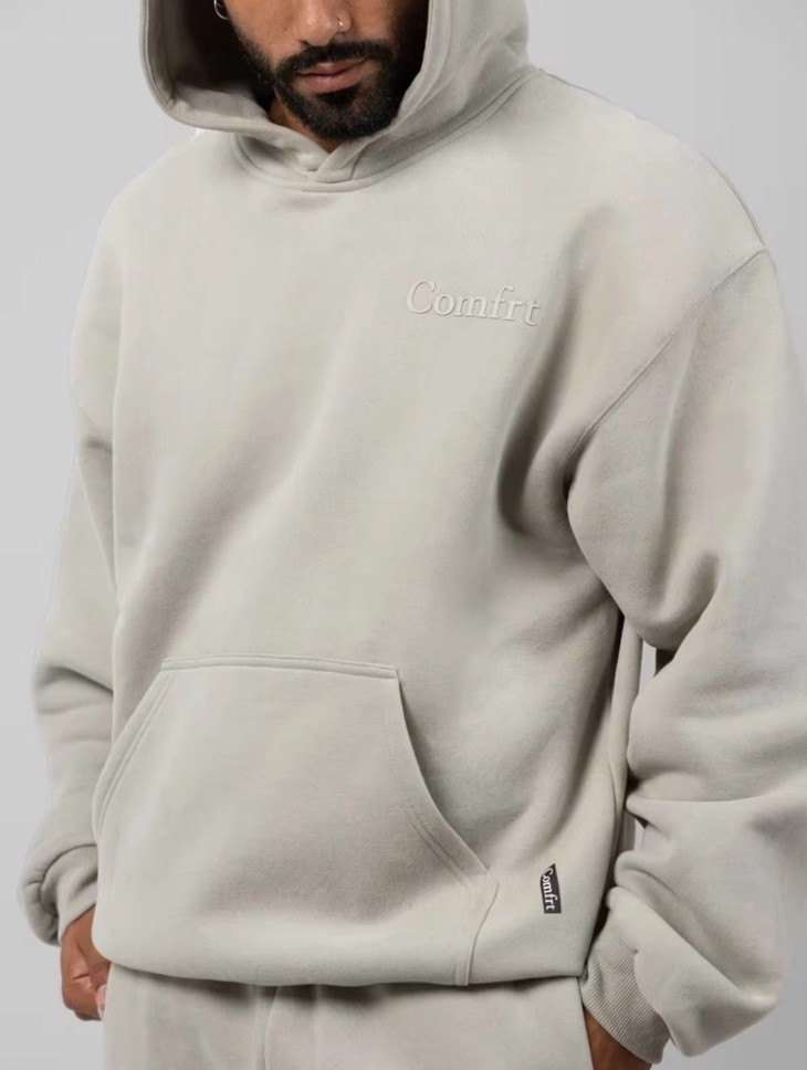 New Comfrt Minimalist Hoodie Med Cement Beige Fleece Oversized Cozy Heavyweight