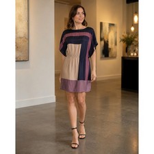 Suzi Chin !00% Silk Colorblock Blouson Dress 6 Dolman Sleeve Modernist Art Deco